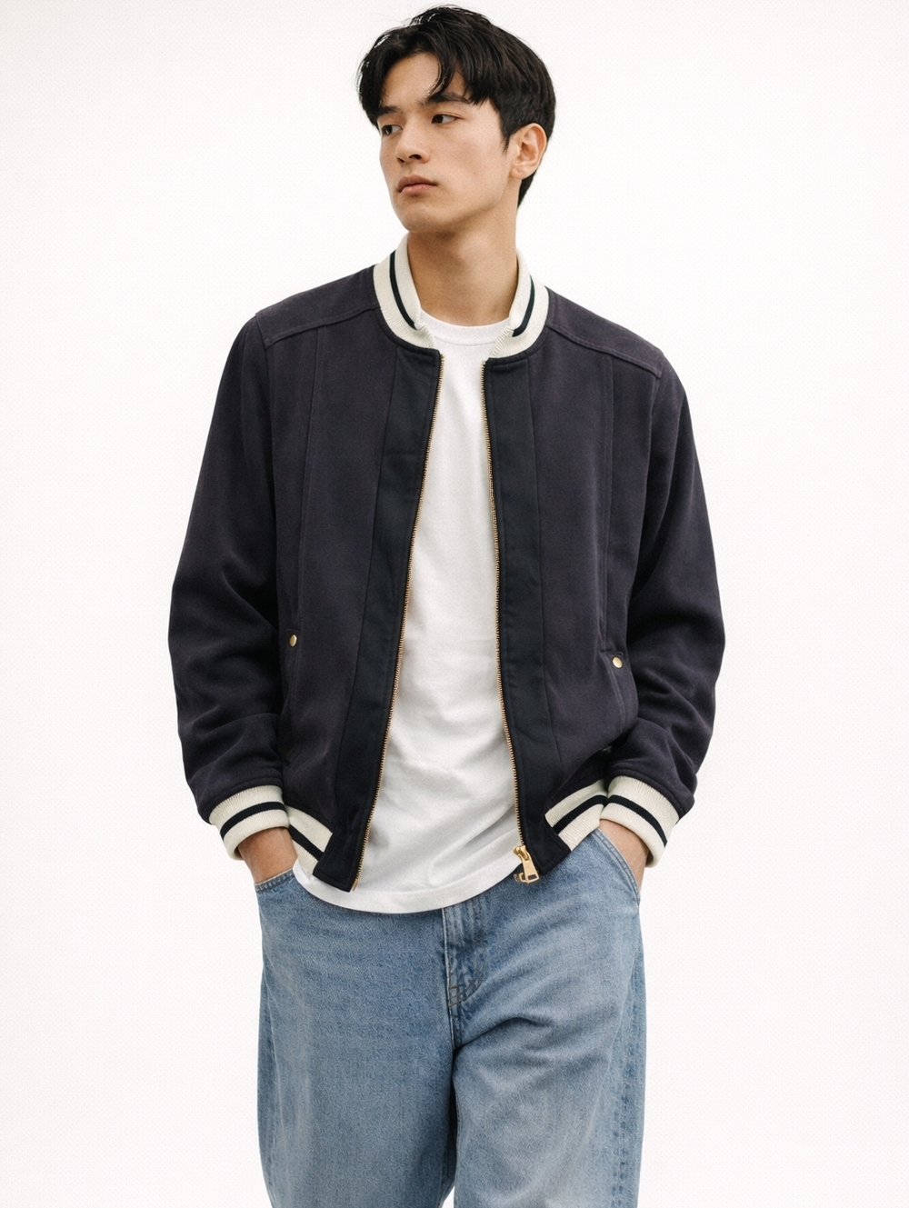 Men’s Navy STROKE Varsity Bomber Jacket Minimal Streetwear Zip Jacket Size M